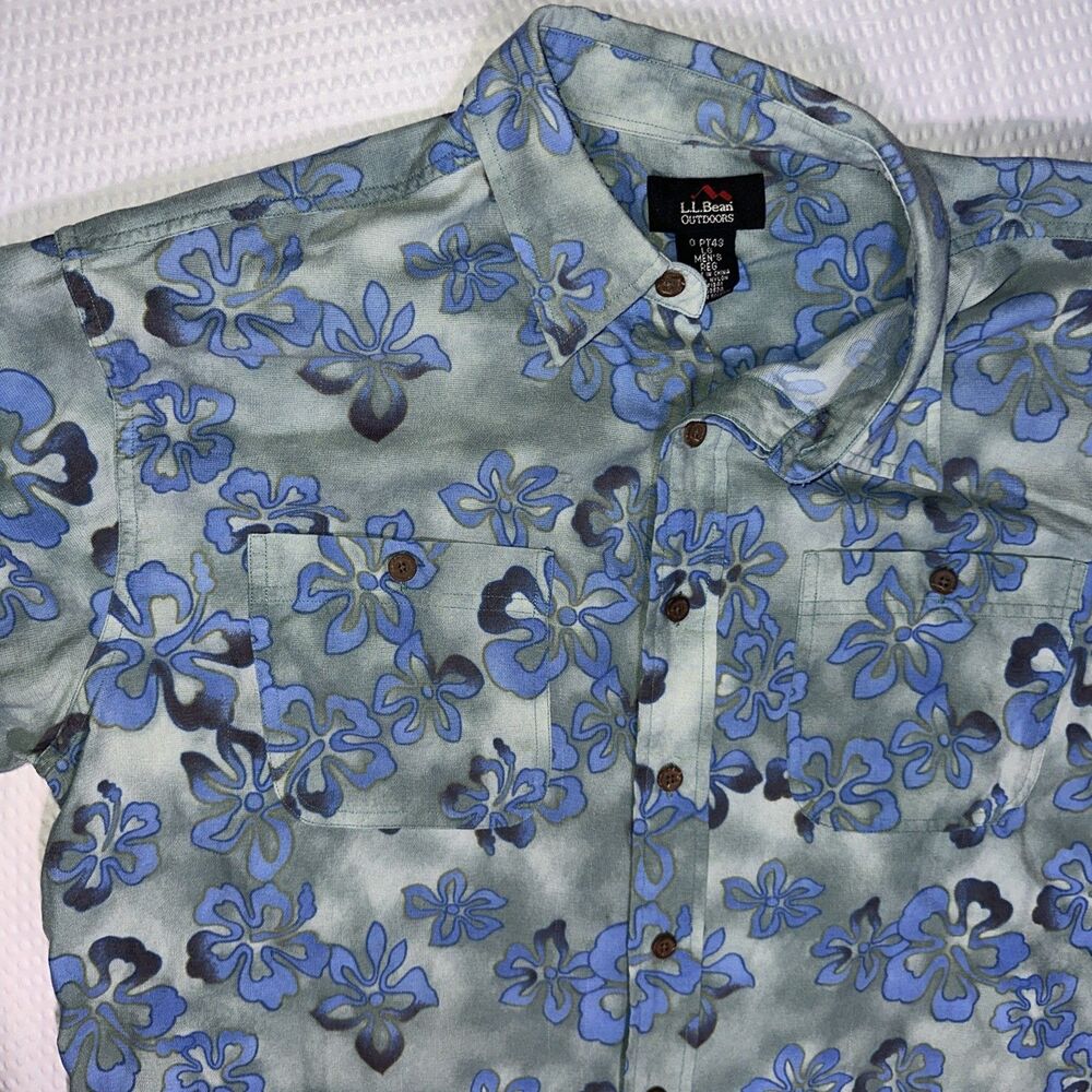 LL Bean Tropic Shirt Tiki Mens Large Short Sleeve Button Up Green Vacation